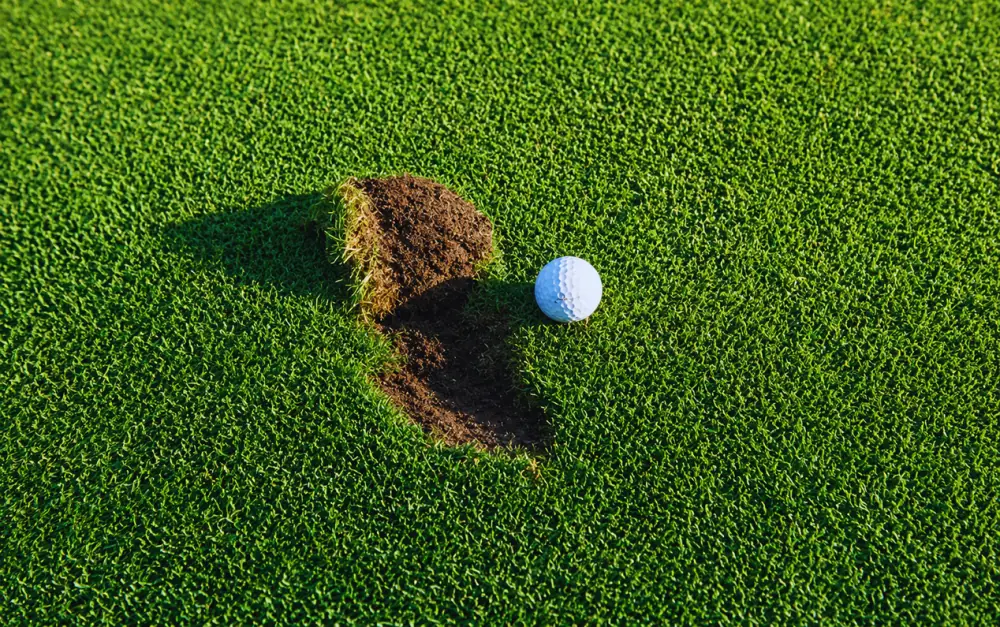 A divot torn out of fairway turf beside a golf ball