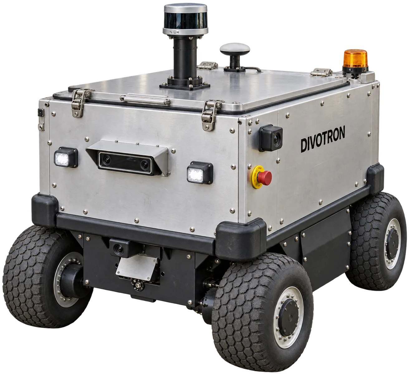 Divotron Pioneer, the Founding Partner robot: a four-wheeled robot with a metal-panelled body, a sensor mast and an amber light