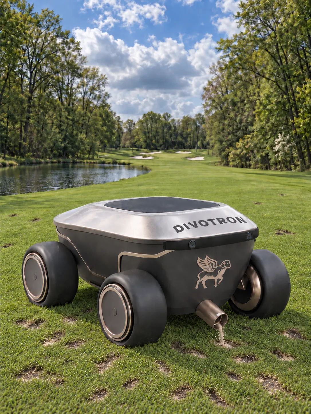 Design concept of a Divotron robot on a fairway, releasing repair material into a divot